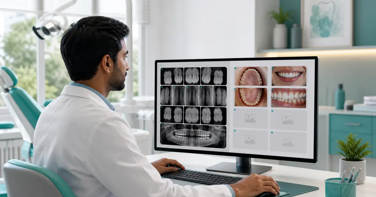 Dental X-Ray and Clinical Photo Record Management workflow illustration for a Bangladesh dental clinic